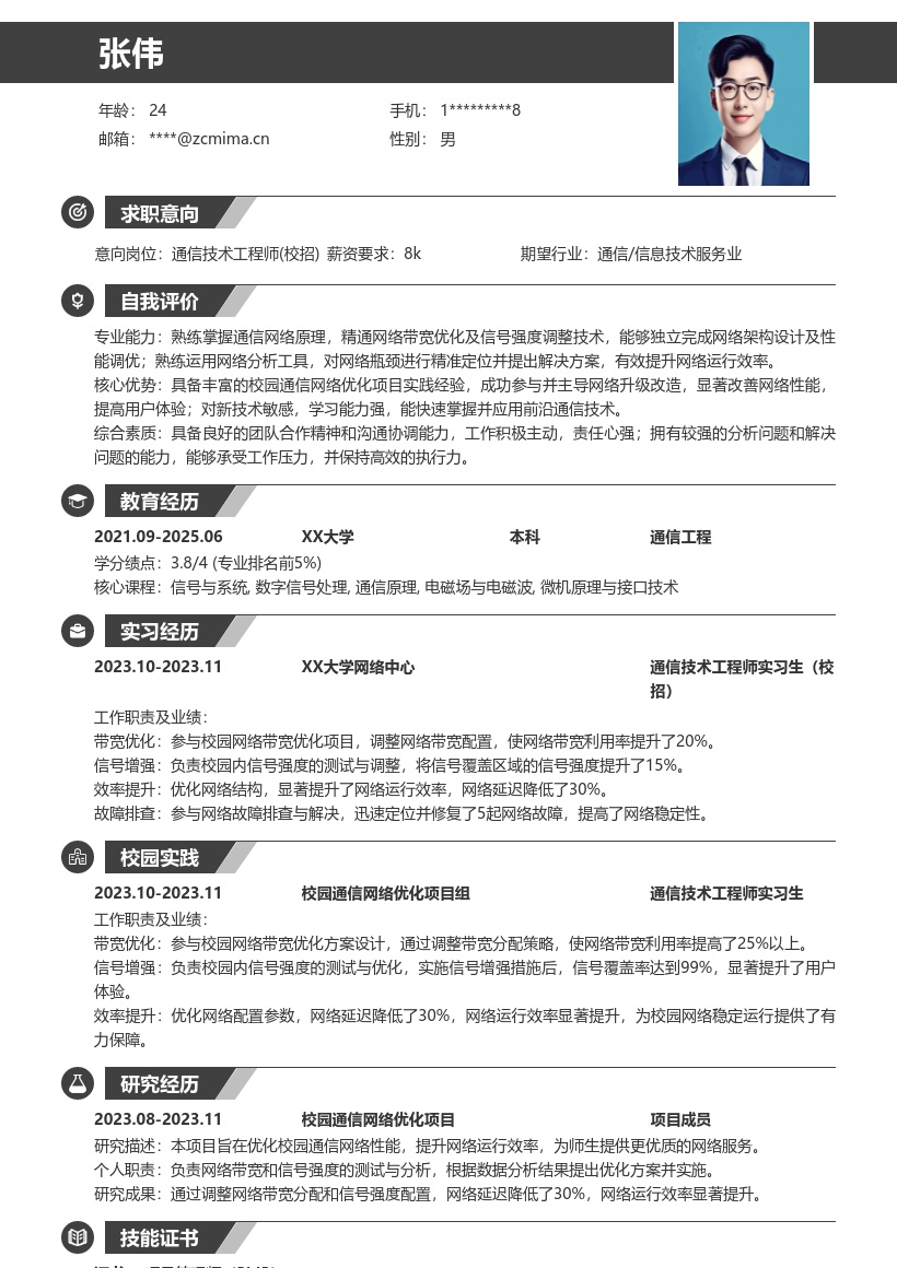 通信技术工程师校招凸显网络优化简历模板