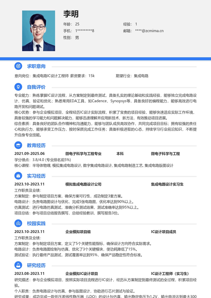 集成电路IC设计校招项目经验简历模板