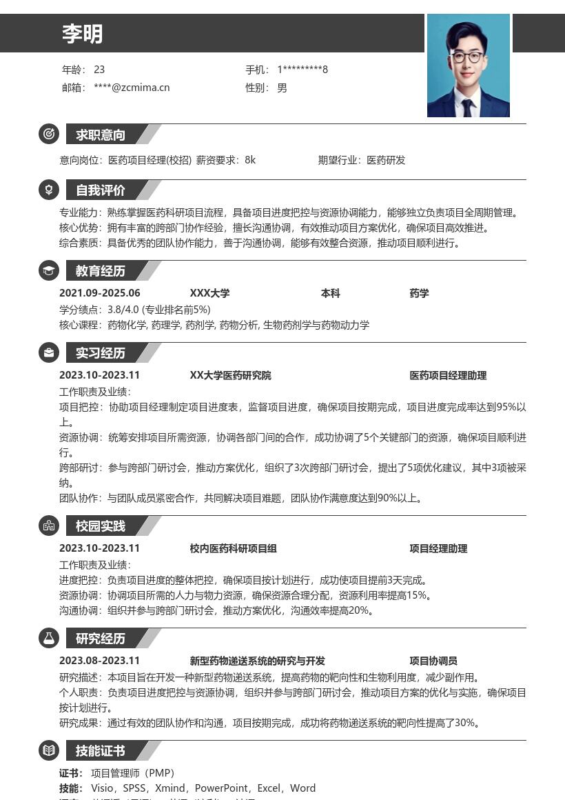 20多套医药项目经理(校招)岗位简历模板合集word版