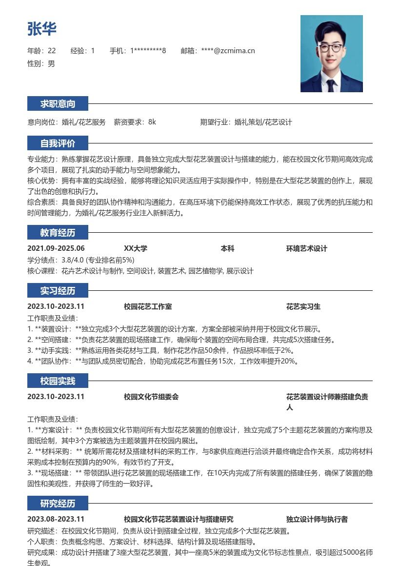 婚礼花艺服务校招岗位扎实能力简历模板