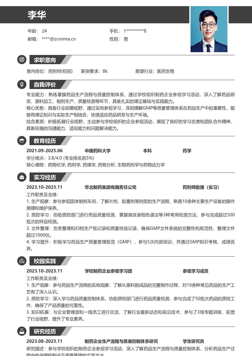 药剂师校招参与药企参观学习简历模板