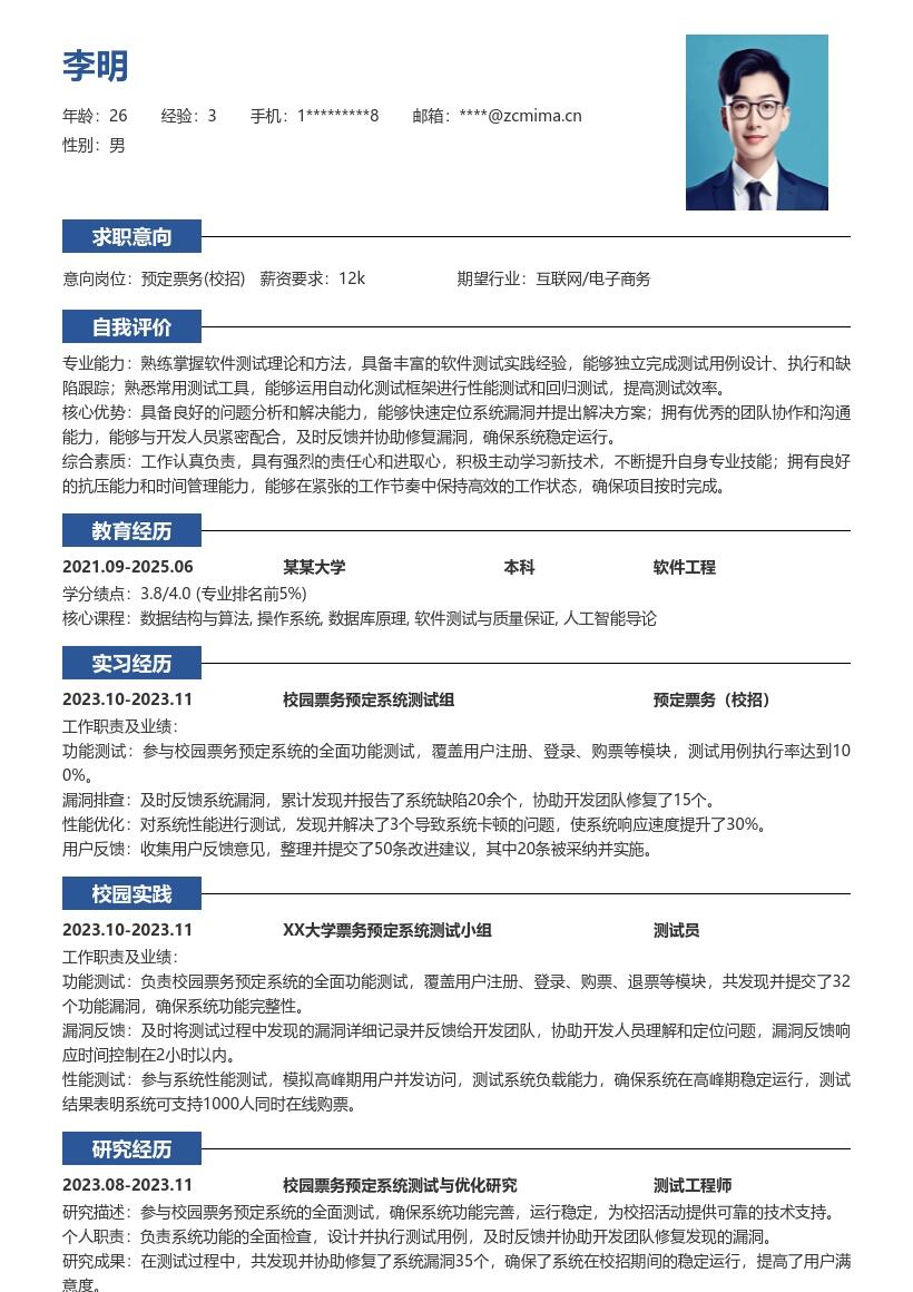 预定票务校招岗位校园系统测试简历模板