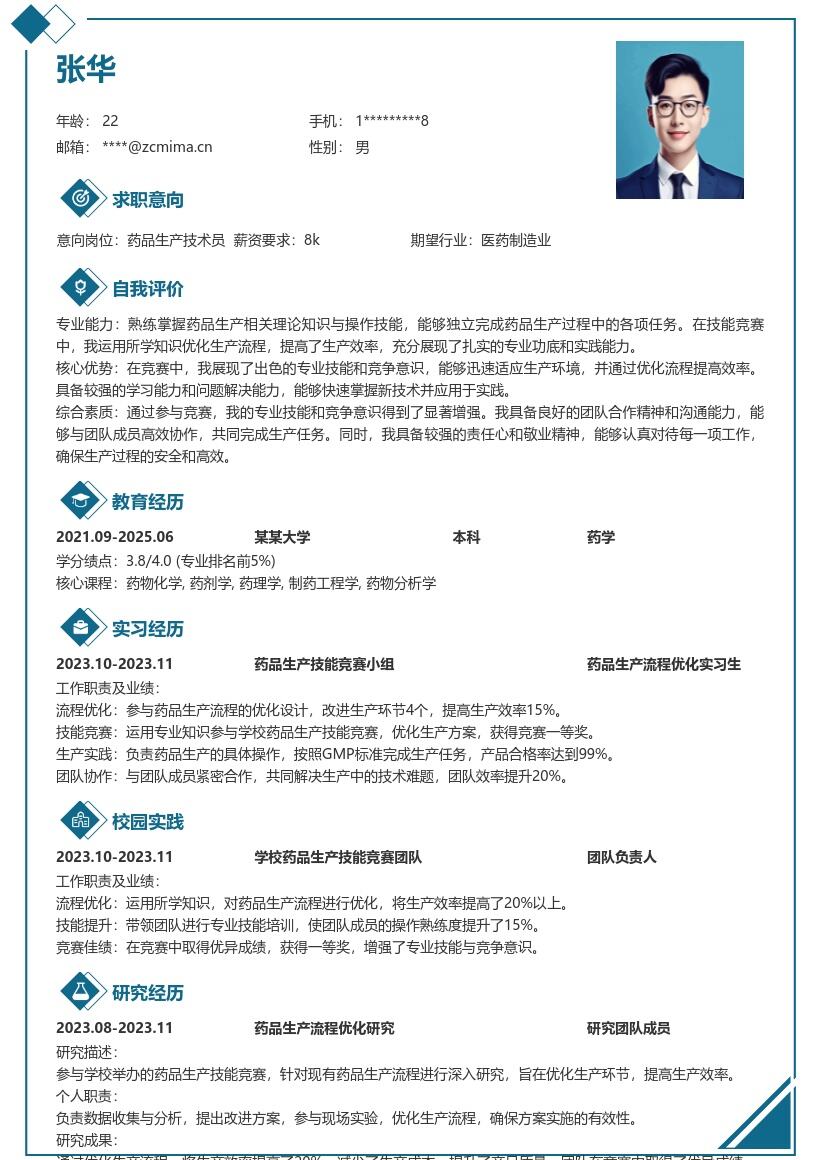 药品生产岗位竞赛优化提效简历模板模板