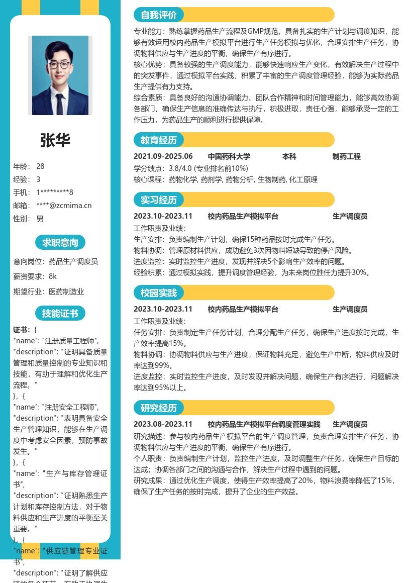 药品生产调度员校招简历模板含实践经验 