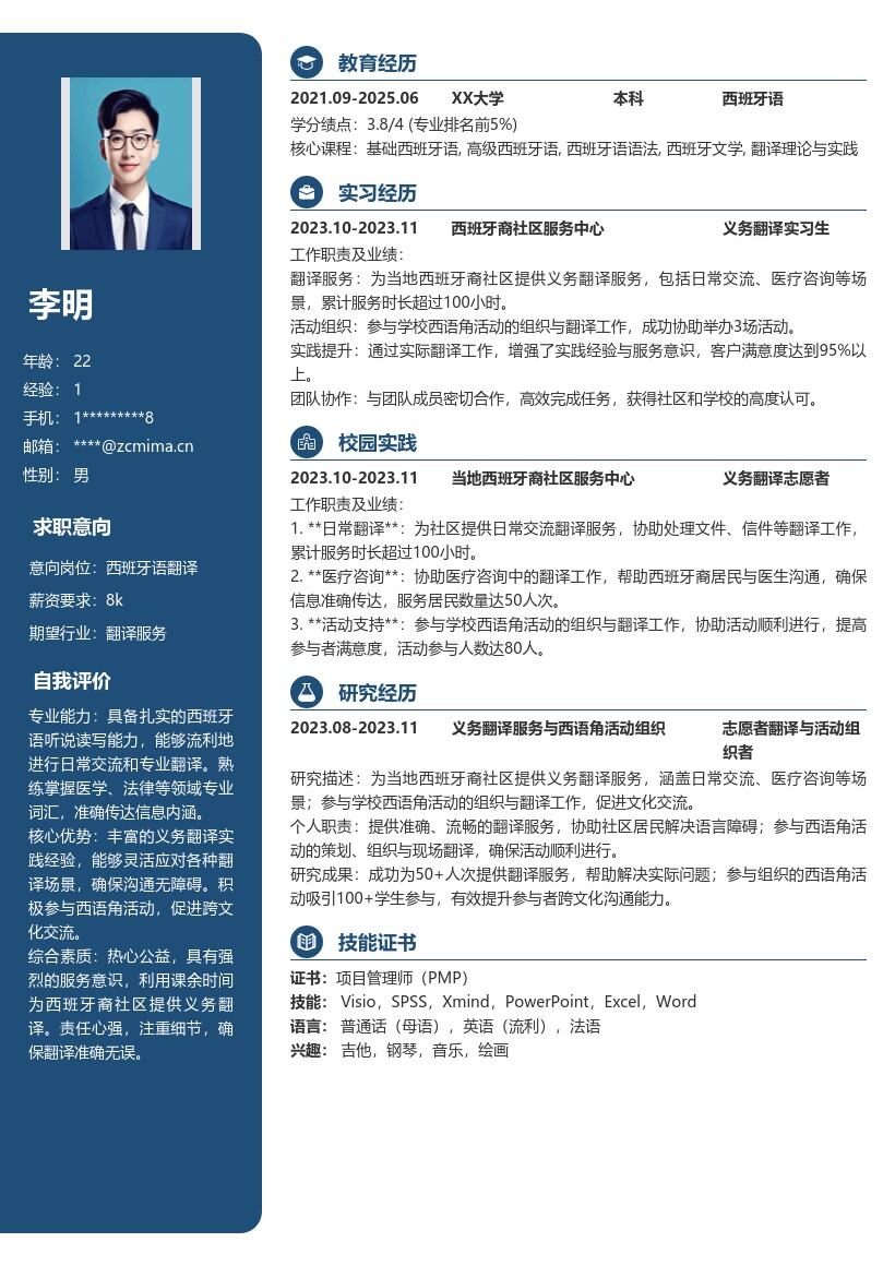 20多套西班牙语翻译(校招)岗位简历模板合集word版