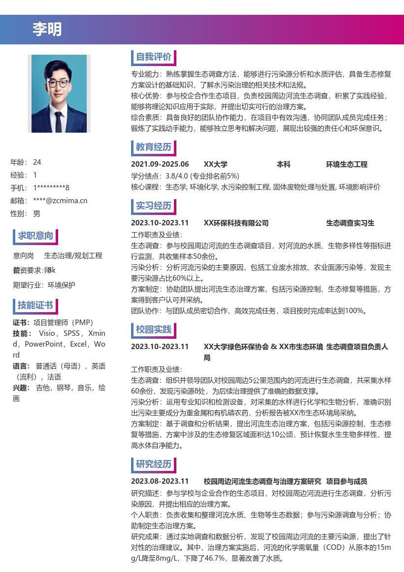 生态治理规划校招参与校园生态项目简历模板