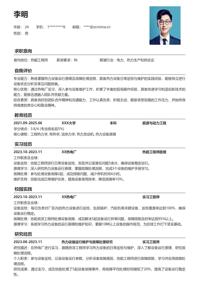 20多套热能工程师(校招)岗位简历模板合集word版