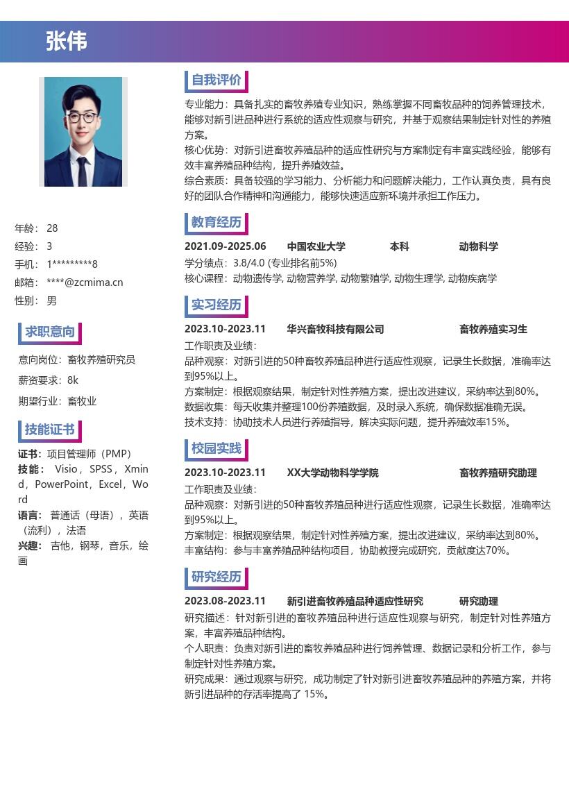 畜牧养殖校招丰富品种观察研究简历模板