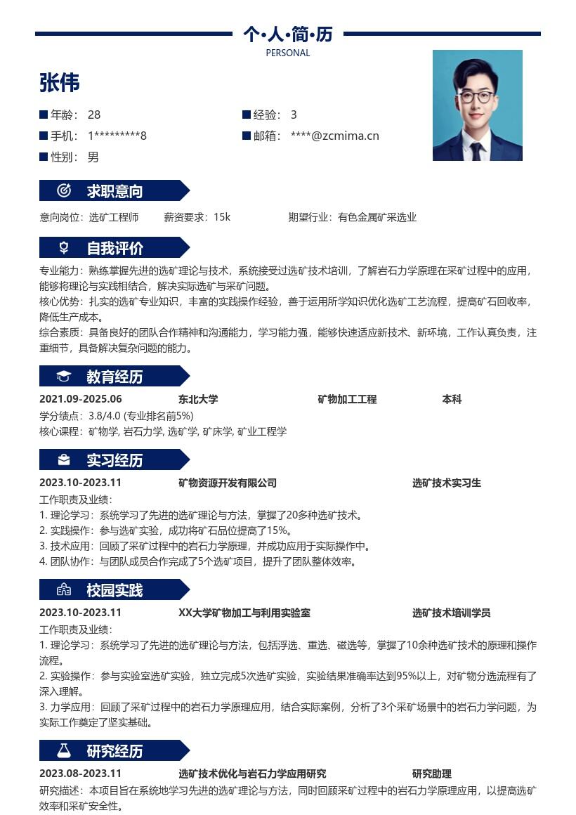 选矿采矿校招岗位系统学习简历模板