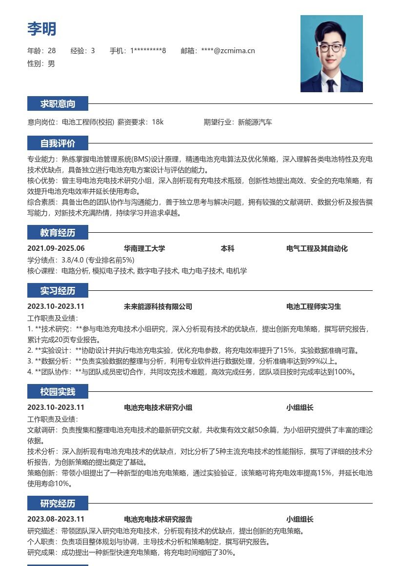 电池工程师校招深入研究创新简历模板
