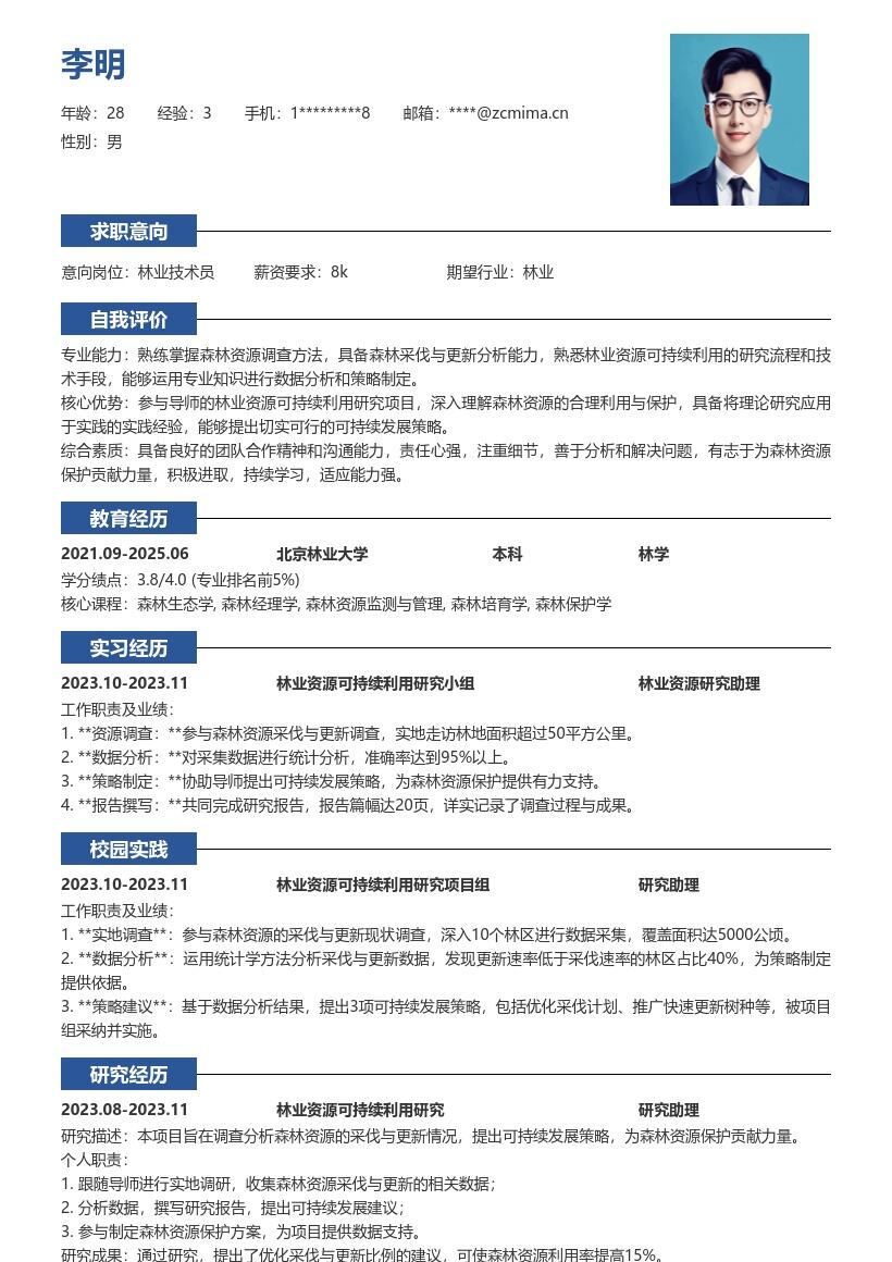 林业资源岗参与研究提策略简历模板