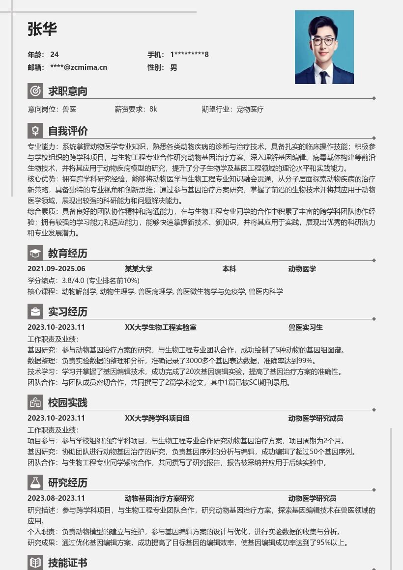 校招兽医岗位参与跨学科项目简历模板