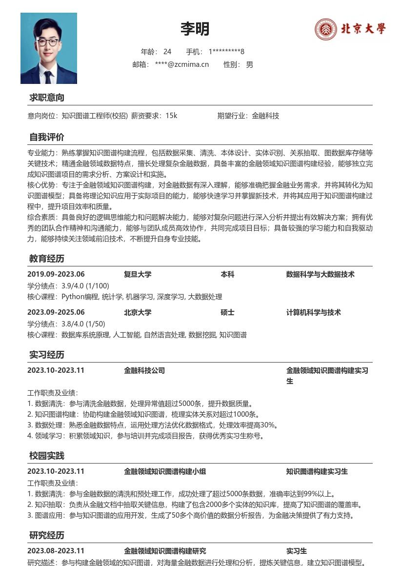 知识图谱工程师校招参与金融构建简历模板