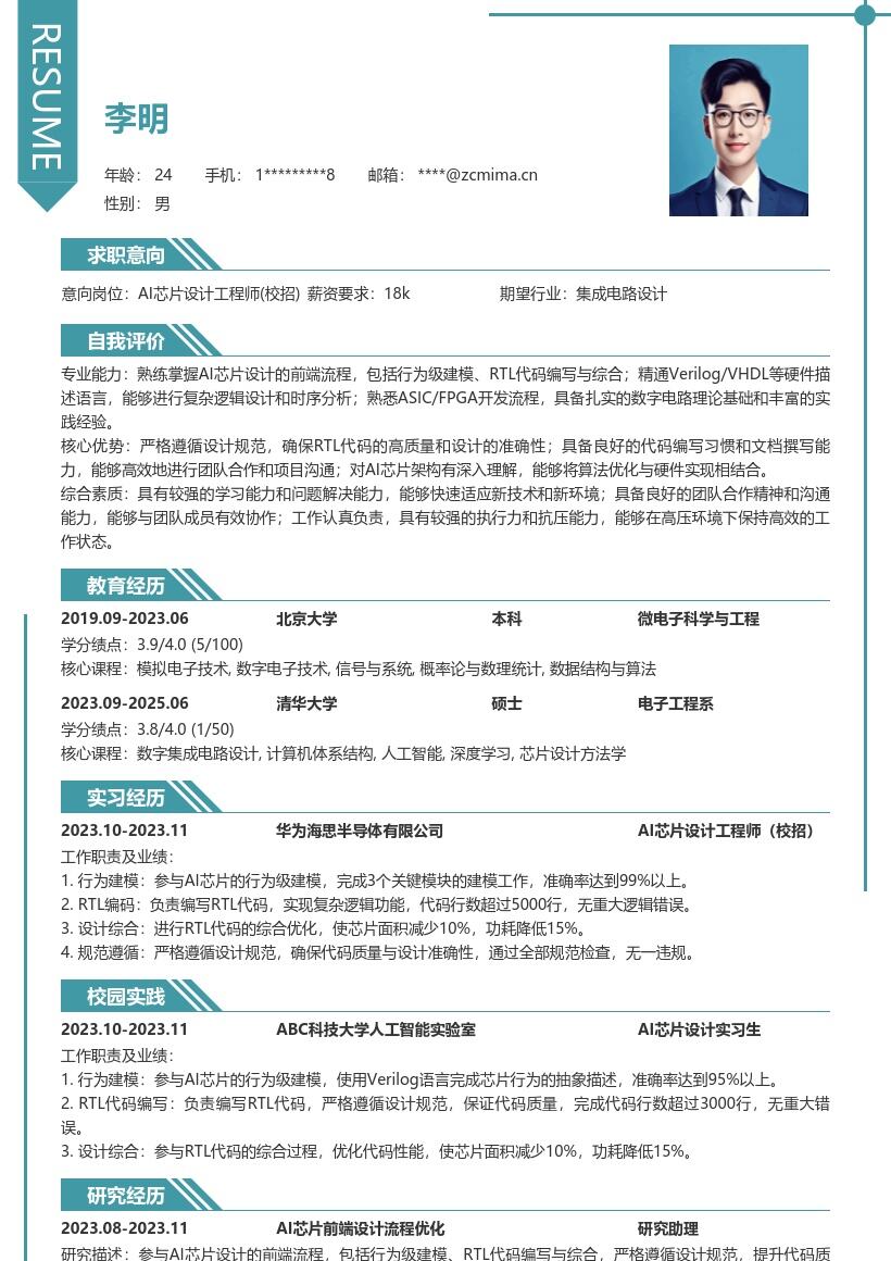 AI芯片设计工程师校招简历模板含前端流程 