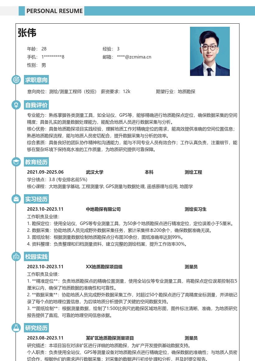 测绘测量校招岗位地质勘探经历简历模板