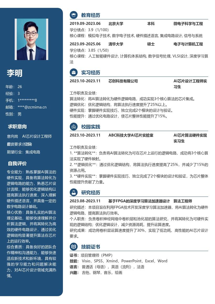 AI芯片设计工程师校招简历模板含硬件实现 