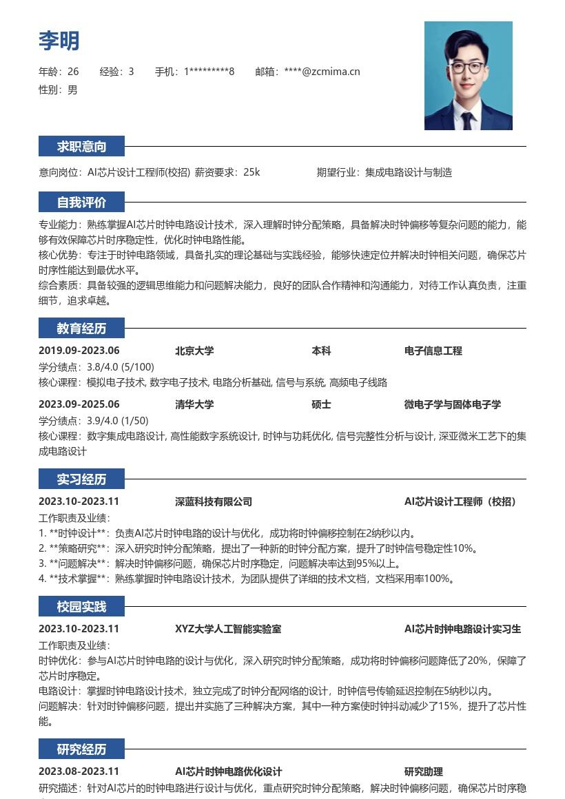 AI芯片设计工程师校招时钟电路简历模板