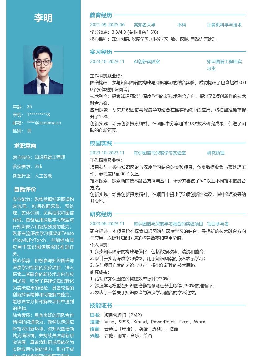 知识图谱工程师校招参与实验项目简历模板