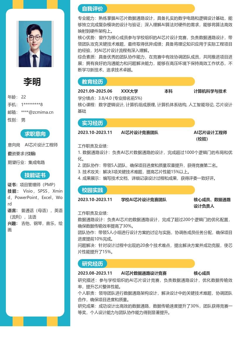 AI芯片设计工程师校招带项目简历模板