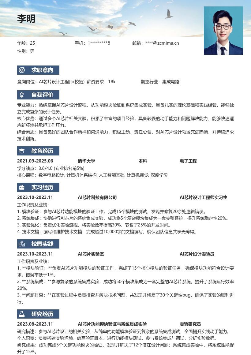 AI芯片设计工程师校招实践型简历模板