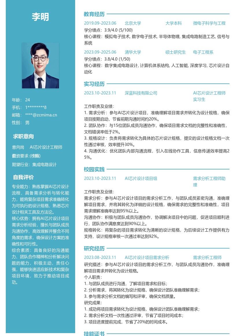 AI芯片设计工程师校招简历模板含项目经历