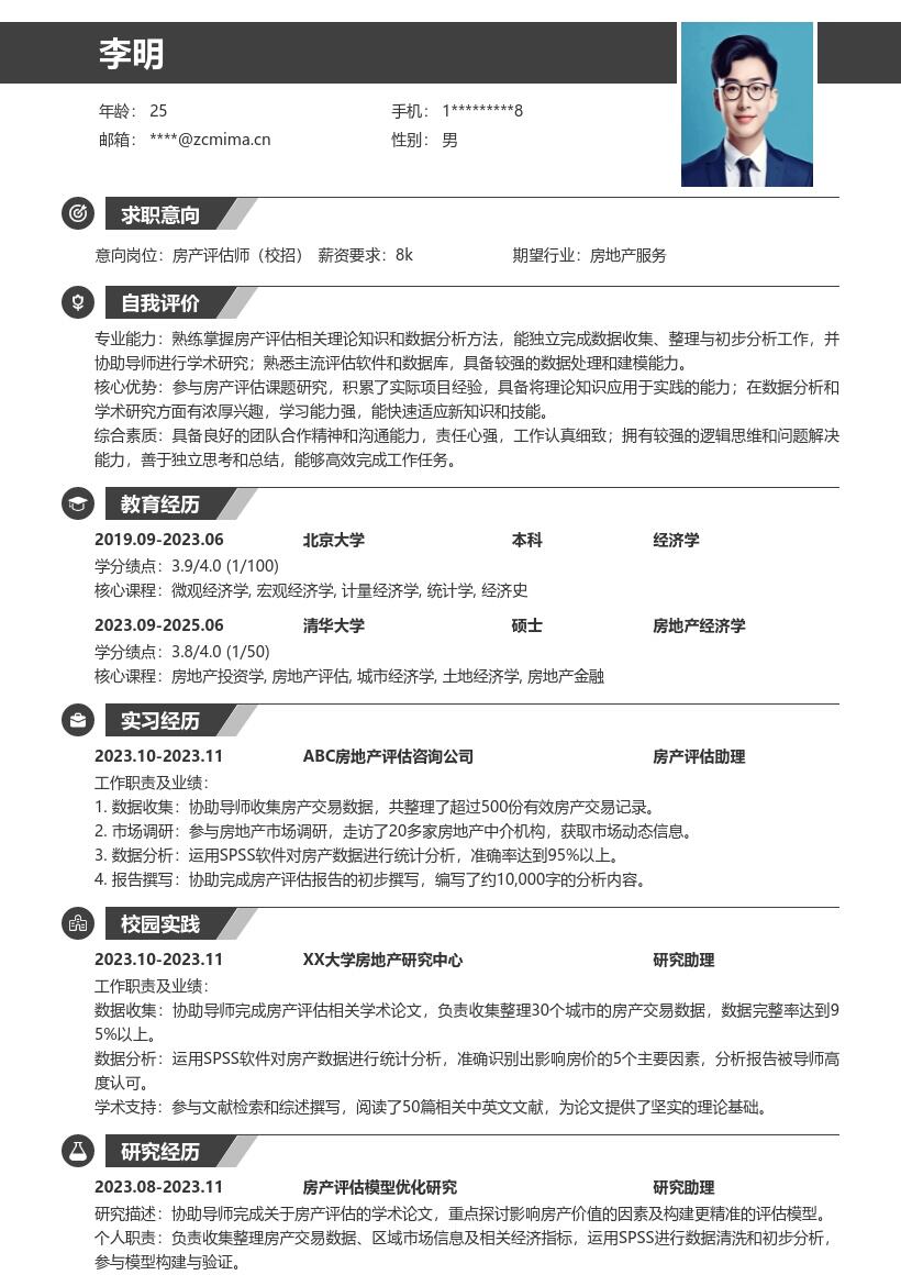 房产评估师校招参与学术研究简历模板
