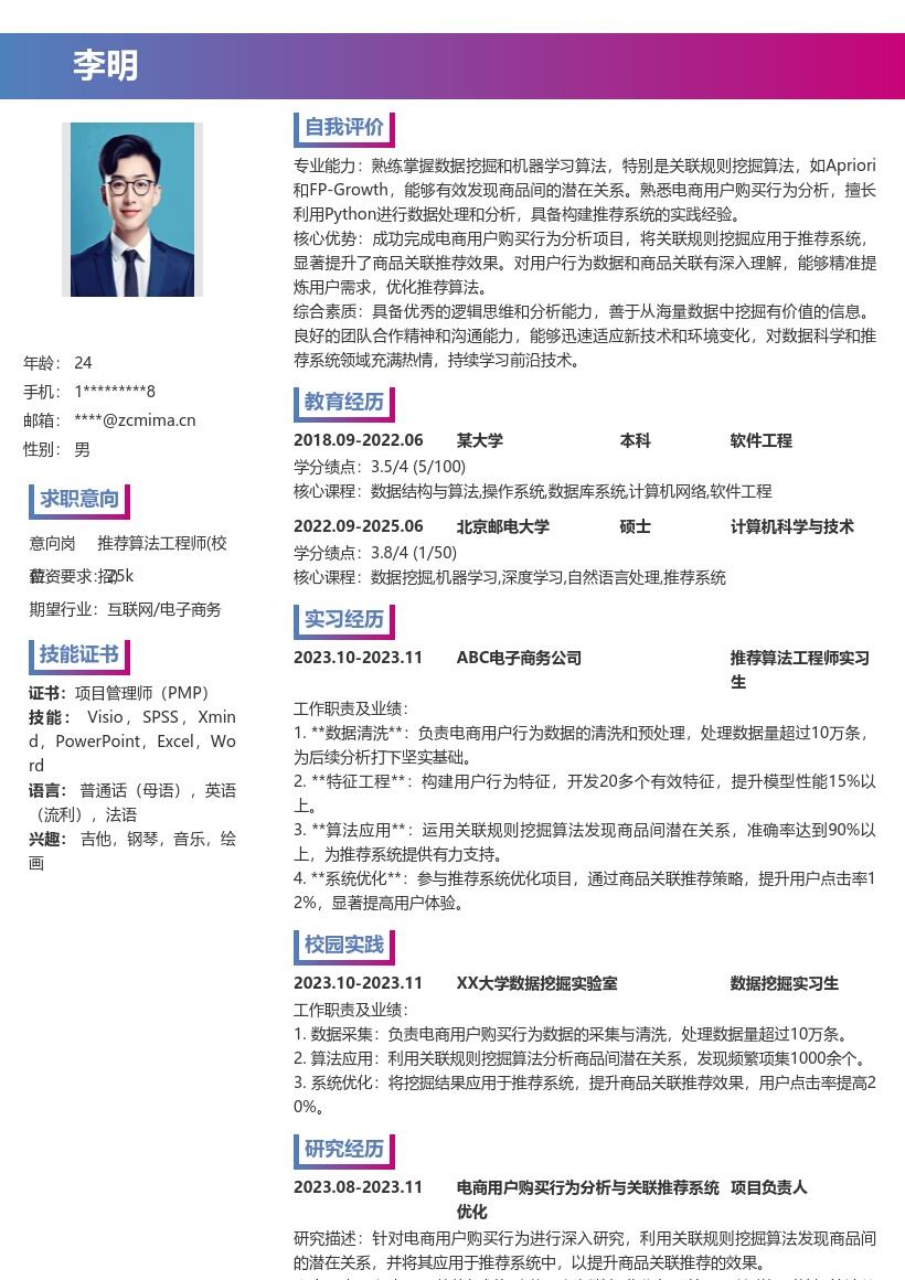 推荐算法工程师校招电商项目简历模板