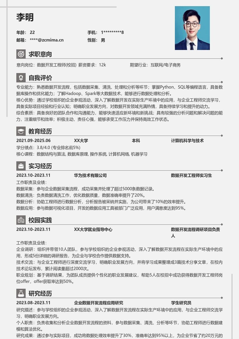 数据开发工程师校招参与实践简历模板