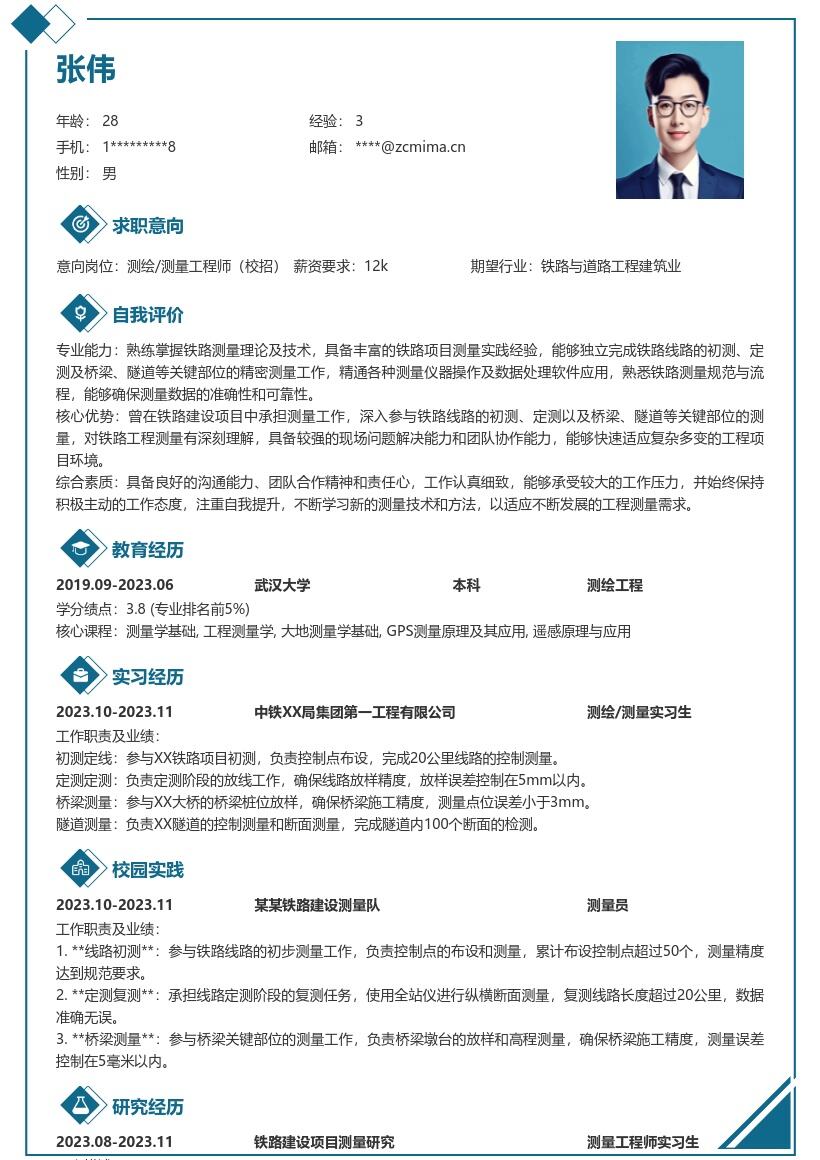 测绘测量校招岗位铁路测量经验简历模板