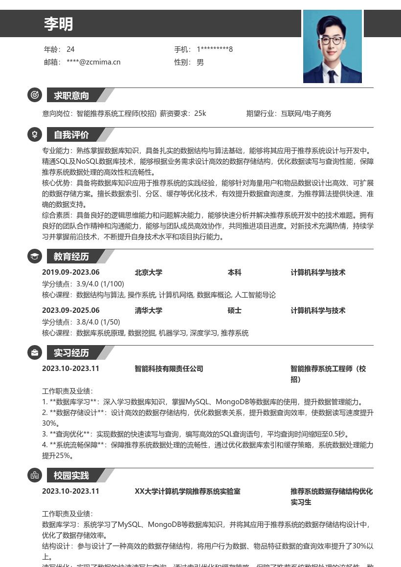 智能推荐系统工程师校招简历模板含数据应用 