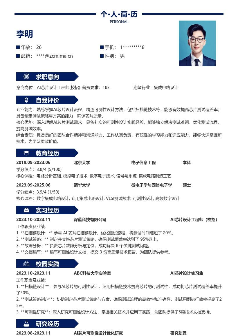 AI芯片设计工程师校招可测性简历模板