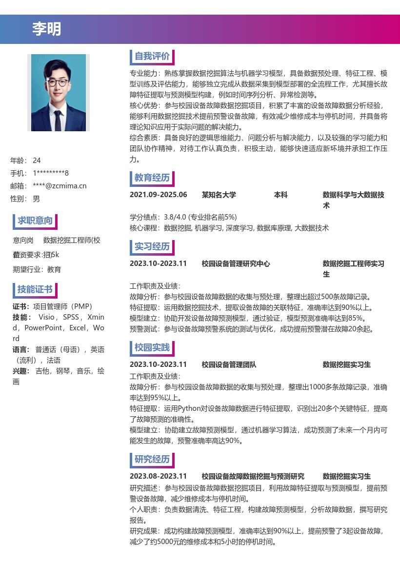 数据挖掘工程师校招参与校园设备故障简历模板