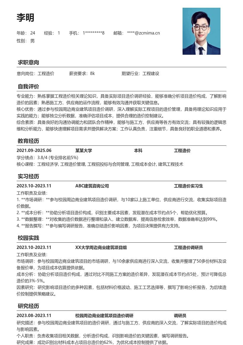 工程造价校招含周边商业造价调研简历模板