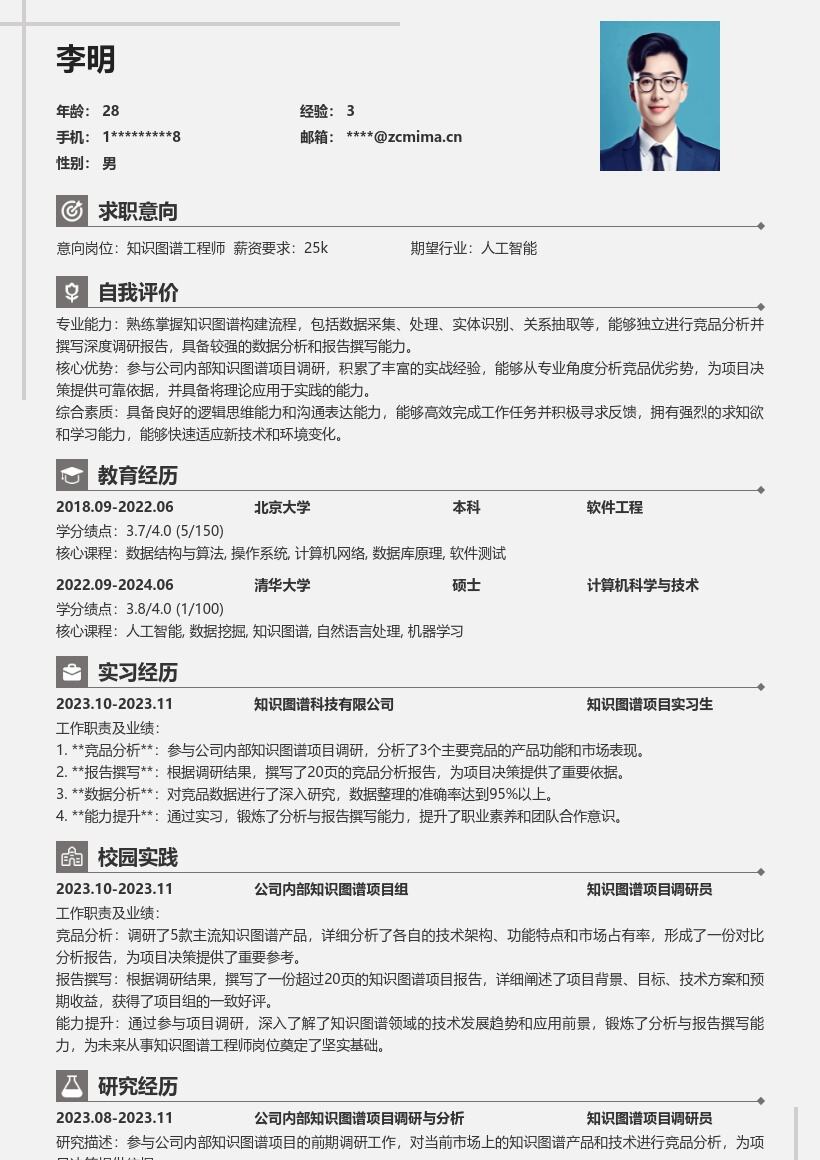 知识图谱工程师校招含项目调研简历模板