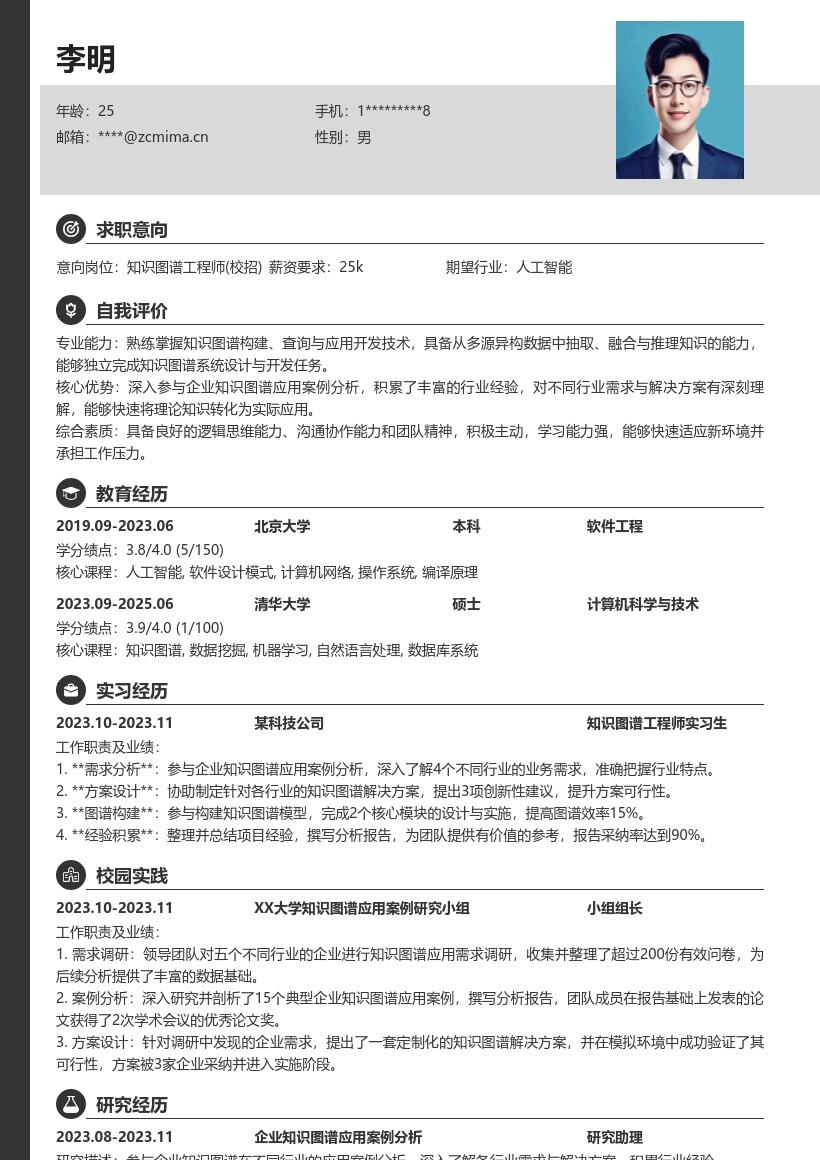 知识图谱工程师校招参与案例简历模板