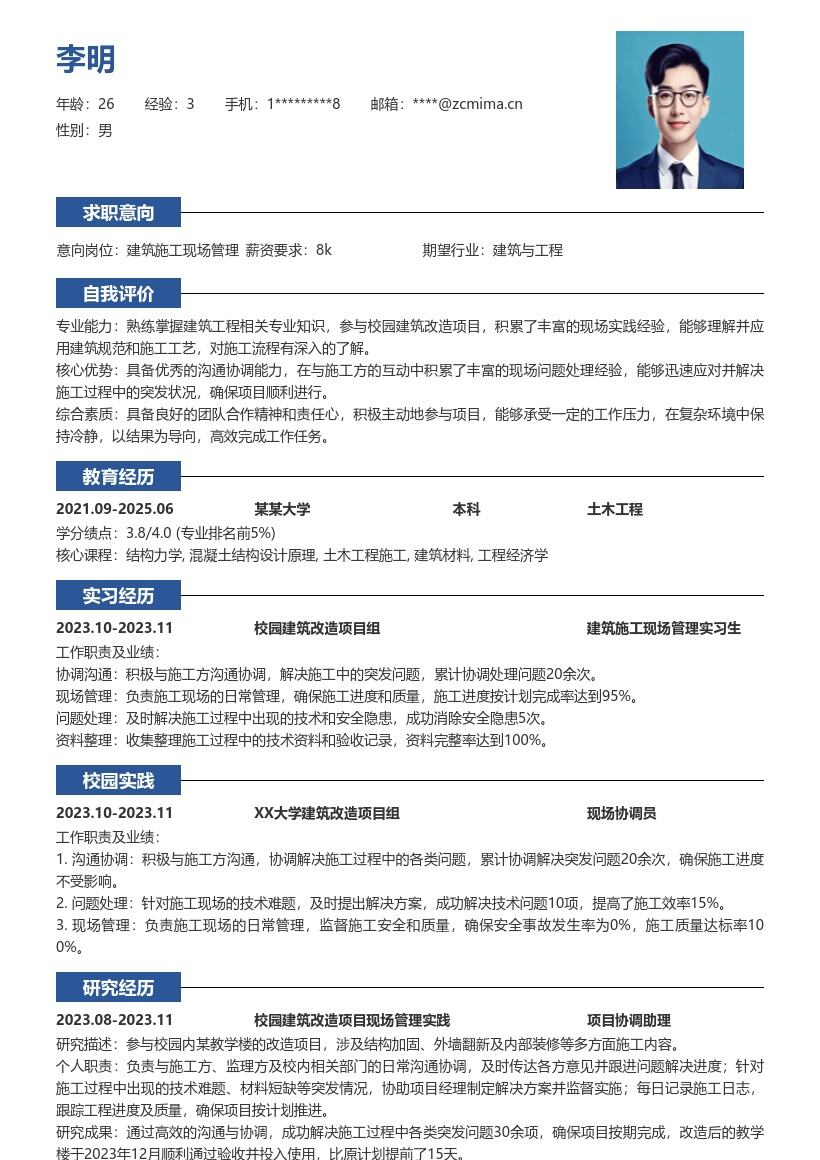 建筑施工现场管理校招简历模板含沟通处理经验 