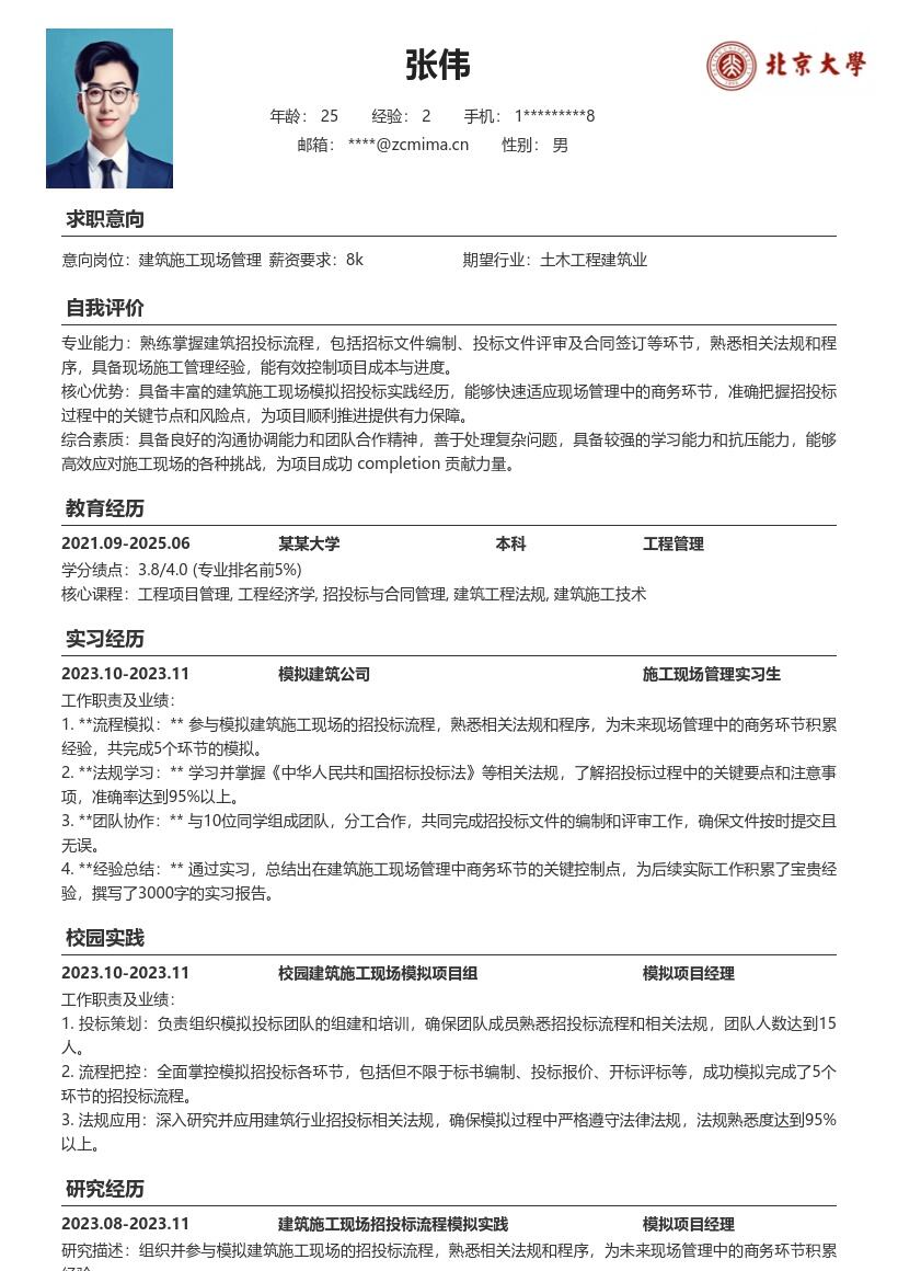 建筑施工现场管理校招含招投标实践简历模板