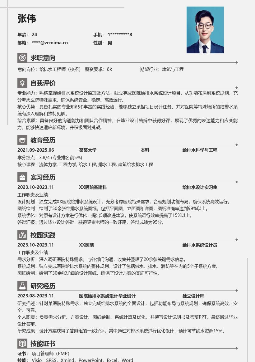给排水工程师校招突出医院设计简历模板