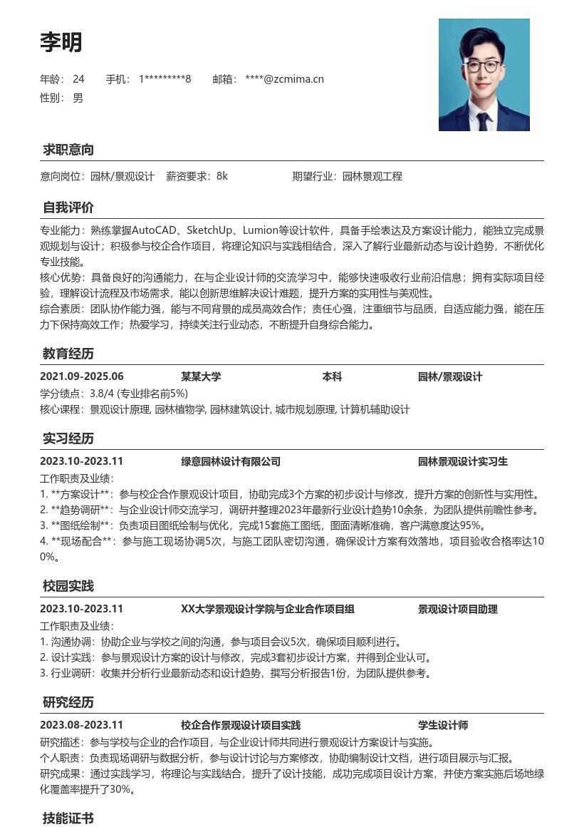 园林景观设计校招参与项目实践简历模板