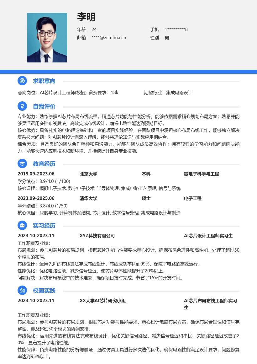 AI芯片设计工程师校招简历模板含布局布线 