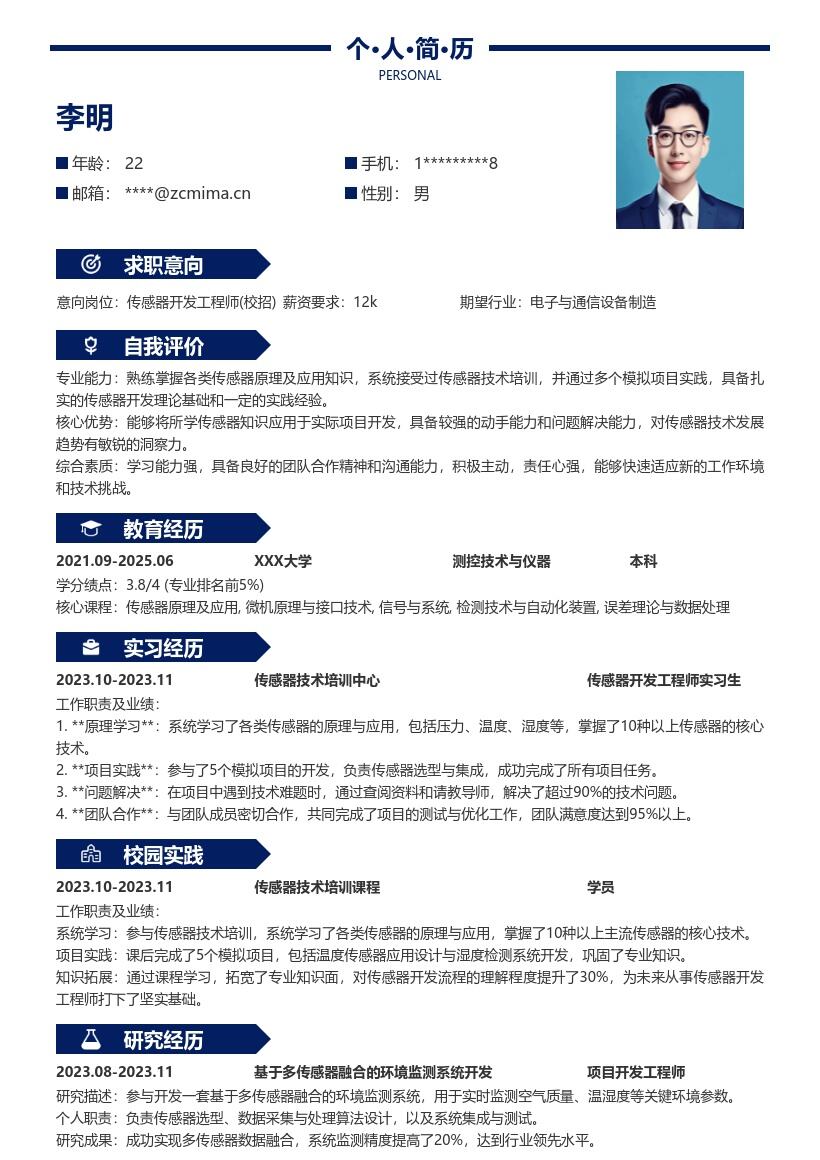 传感器开发工程师校招知识实践简历模板