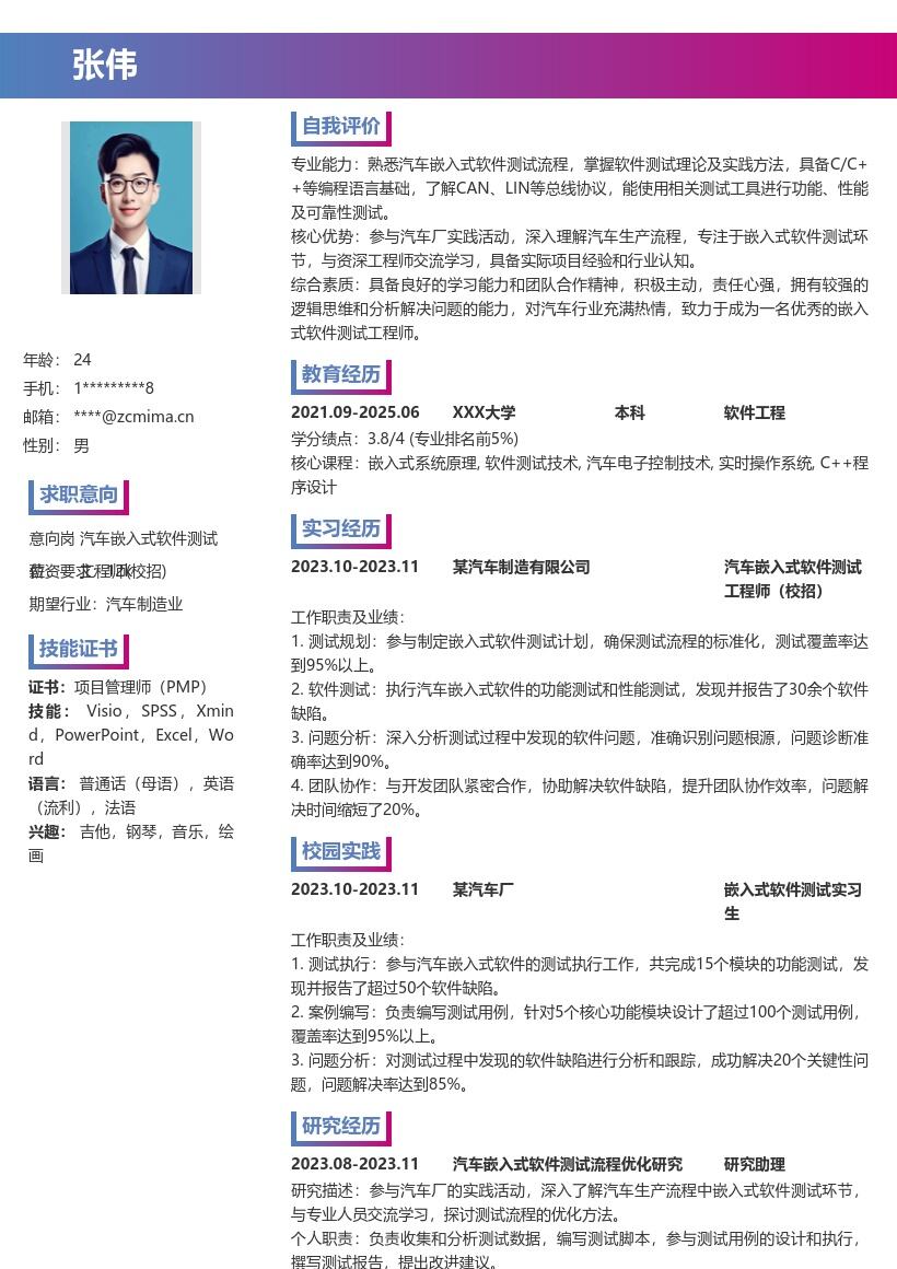 汽车嵌入式软件测试工程师校招简历模板