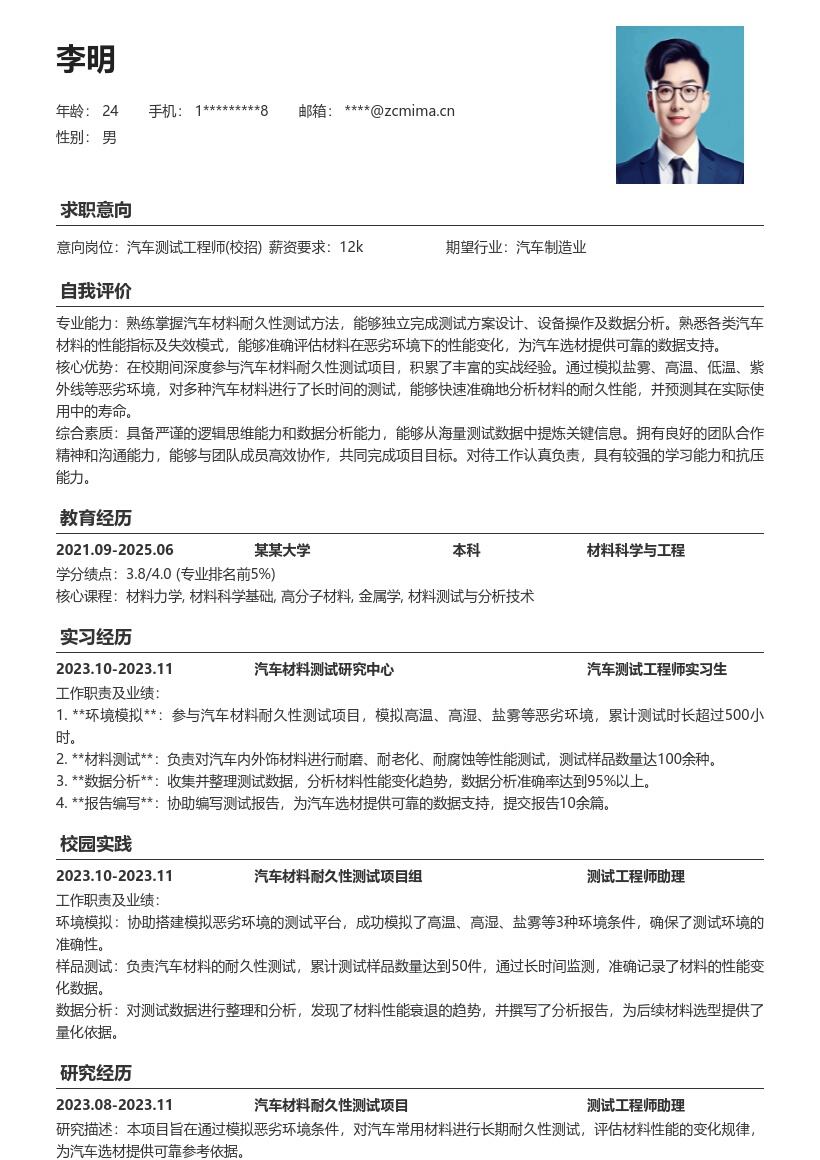 汽车测试工程师校招参与耐久性测试简历模板