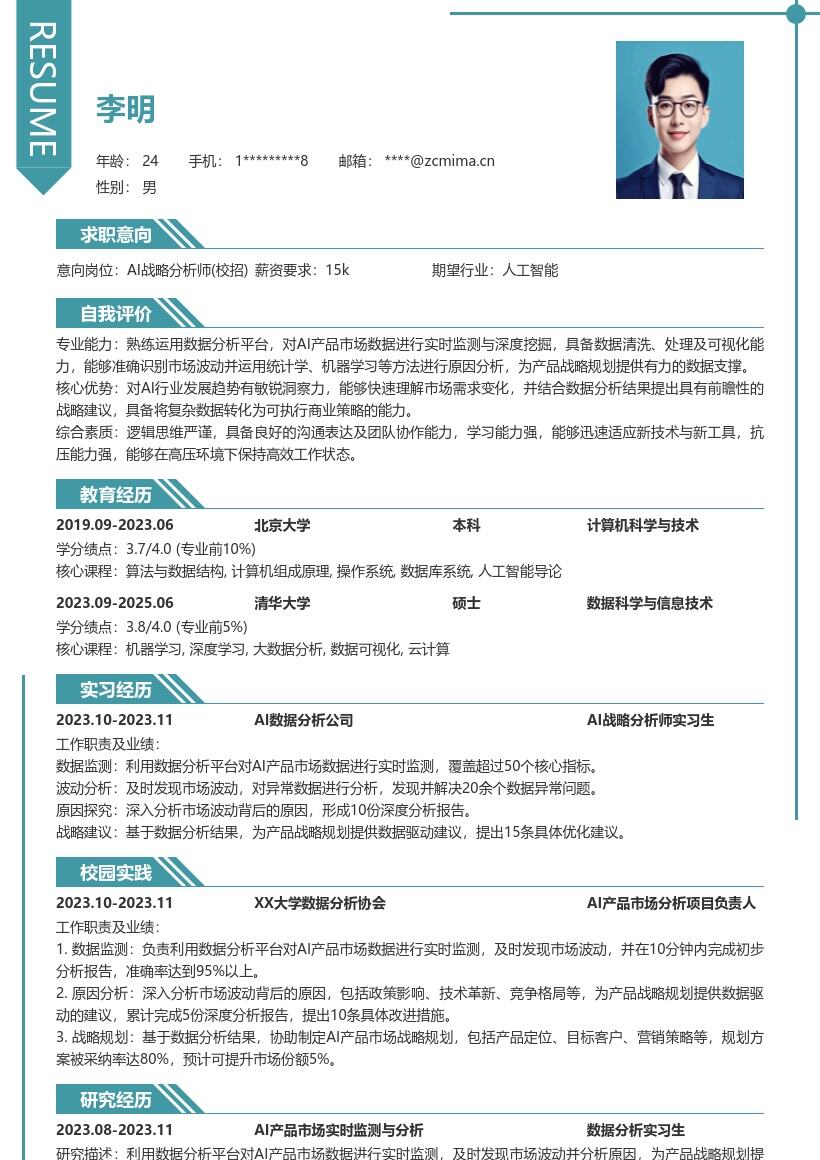 AI战略分析师校招实时监测数据简历模板