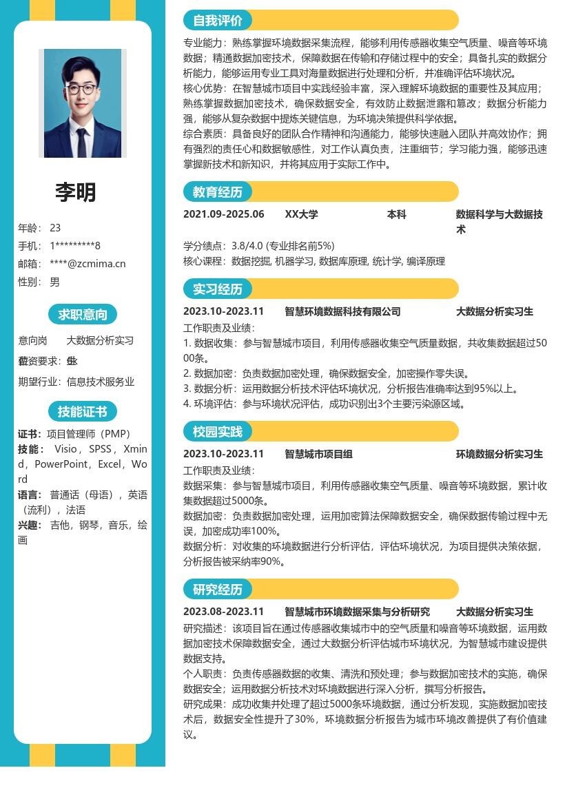 大数据分析实习生参与环境数据项目简历模板