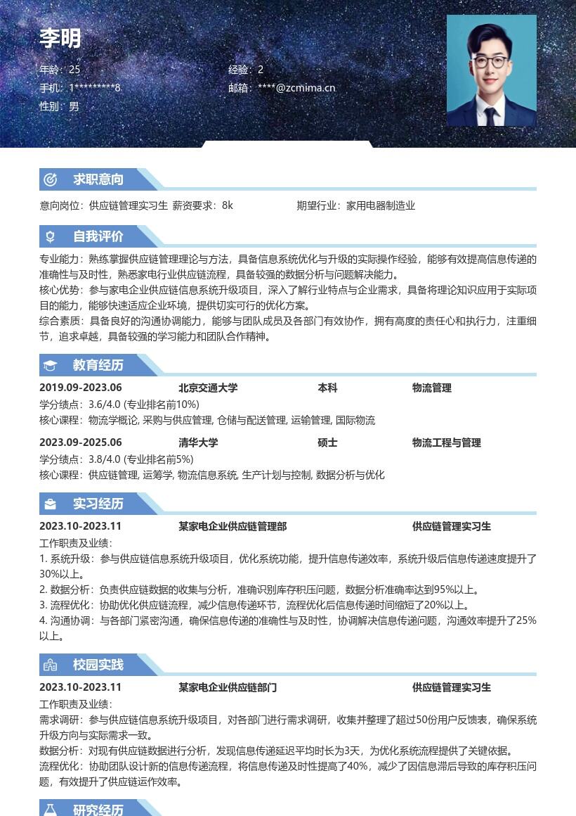 供应链管理实习生优化系统项目简历模板