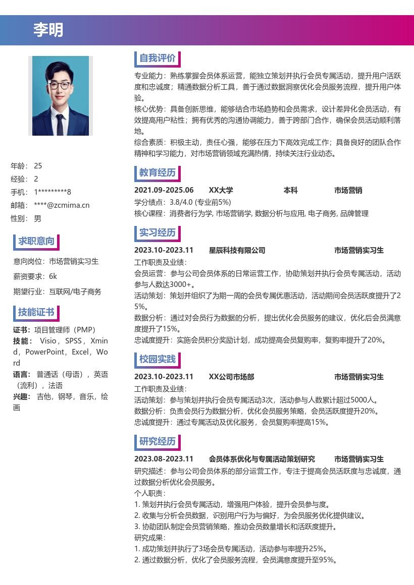 市场营销实习生会员运营方向简历模板