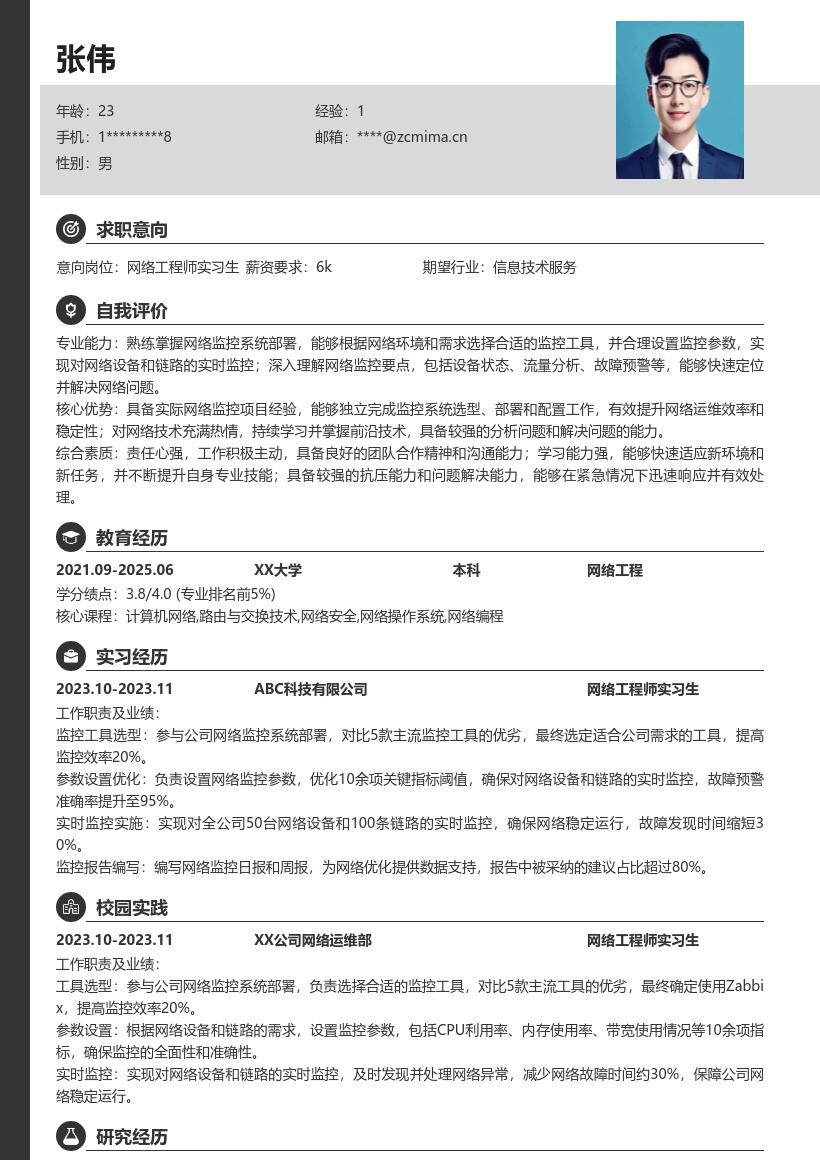 网络工程师实习生参与网络监控简历模板