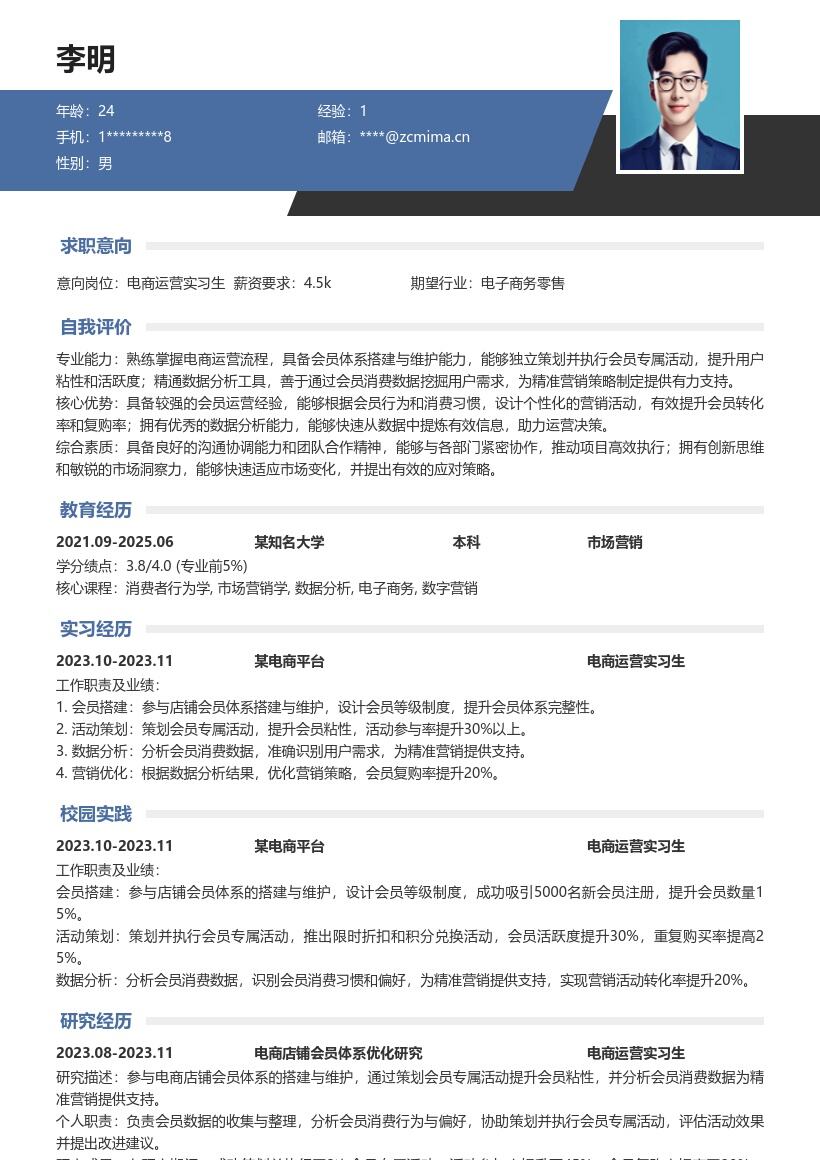 电商运营实习生参与会员体系简历模板