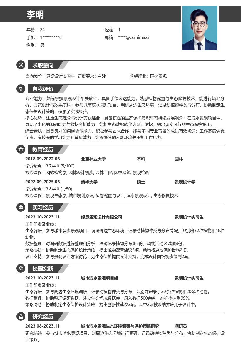 景观设计实习生参与滨水调研策略简历模板